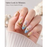 Ocean‑Charm 3D Flower Press‑On Nails, Medium‑Long Almond False Nails with Golden Seahorse, Starfish & Shell Texture